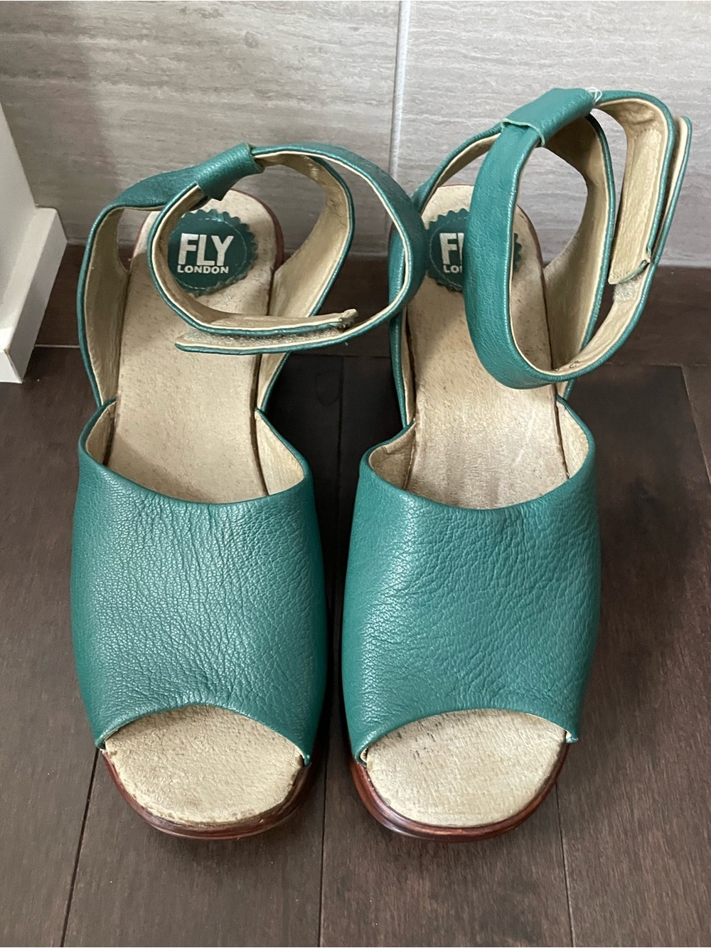 Fly London Teal Leather Wedge Sandals with Brown Platform Women’s Size 39 - Picture 2 of 9